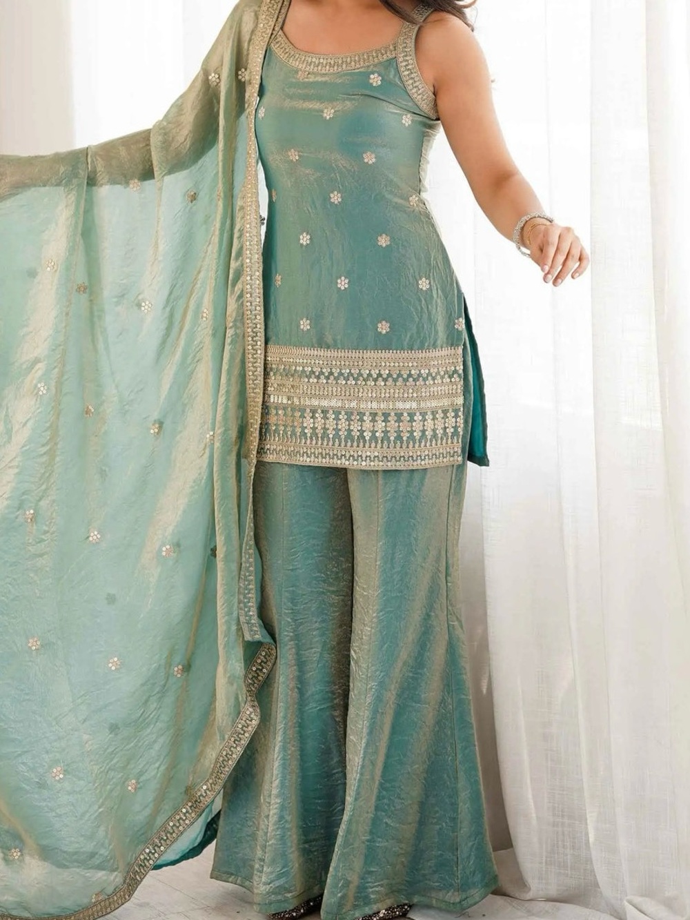 Women’s Teal Gold Sequin 3-Piece Palazzo Suit Kurti Dupatta Wedding Party Wear